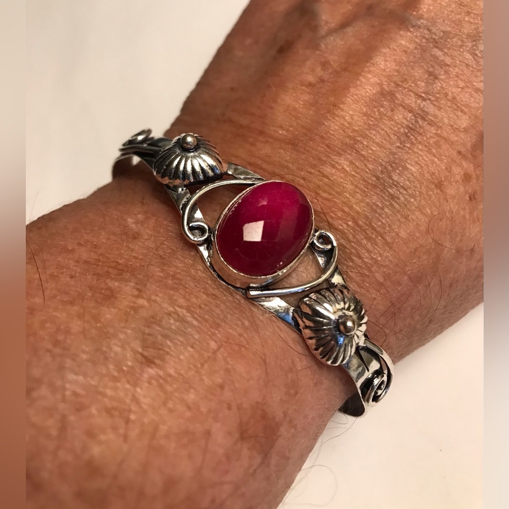 Garnet Stamped 925 Sterling Silver Cuff Bracelet